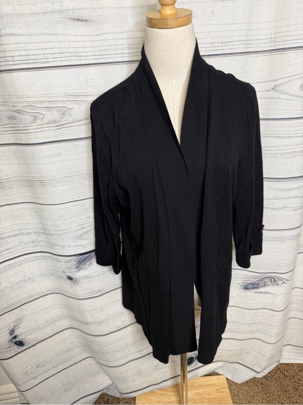 Laura Ashley Black Open-Front Shawl Collar Cardigan